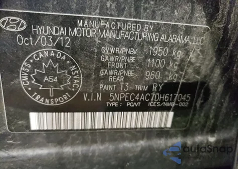 2013 Hyundai Sonata Se z USA, uszkodzony, nr VIN 5NPEC4AC7DH617045